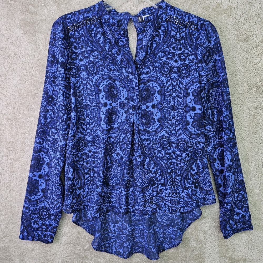 Jlo Jennifer Lopez Blue Chiffon Sheer Top Small Flowy Popover High‎ Low Blouse